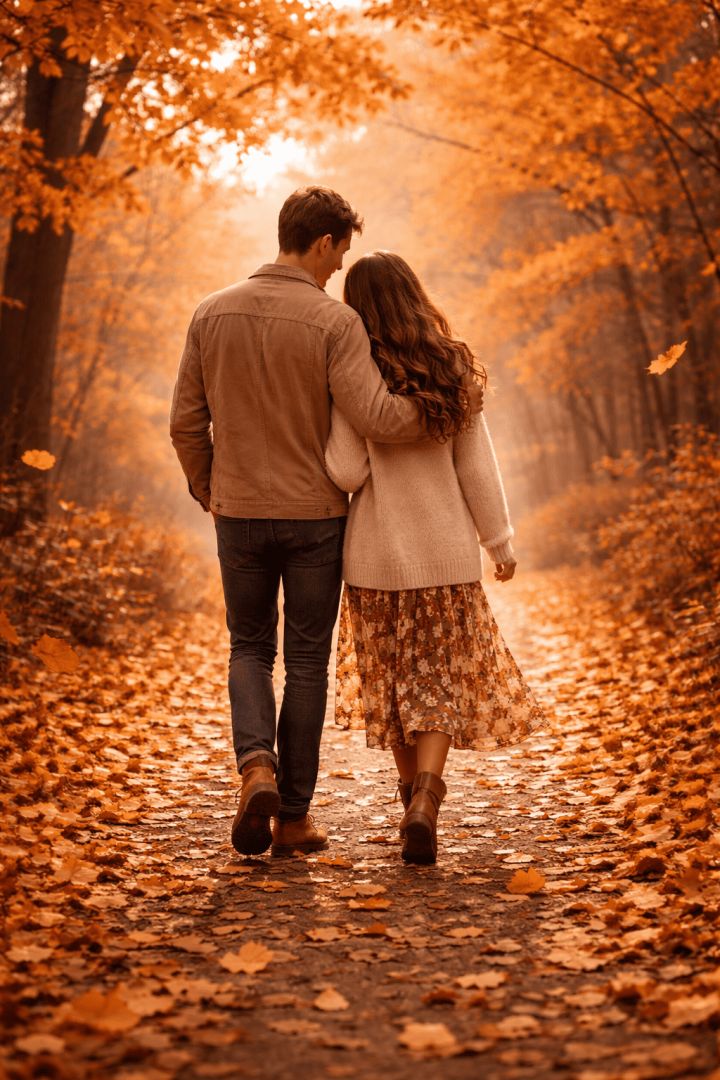 Autumn stroll in golden leaves wallpaper