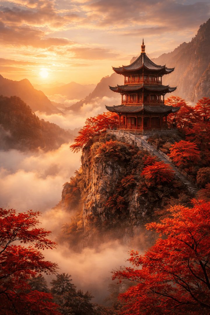Autumn sunset at the pagoda wallpaper