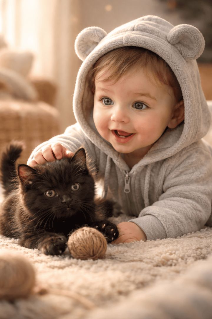Baby and kitten playtime joy wallpaper