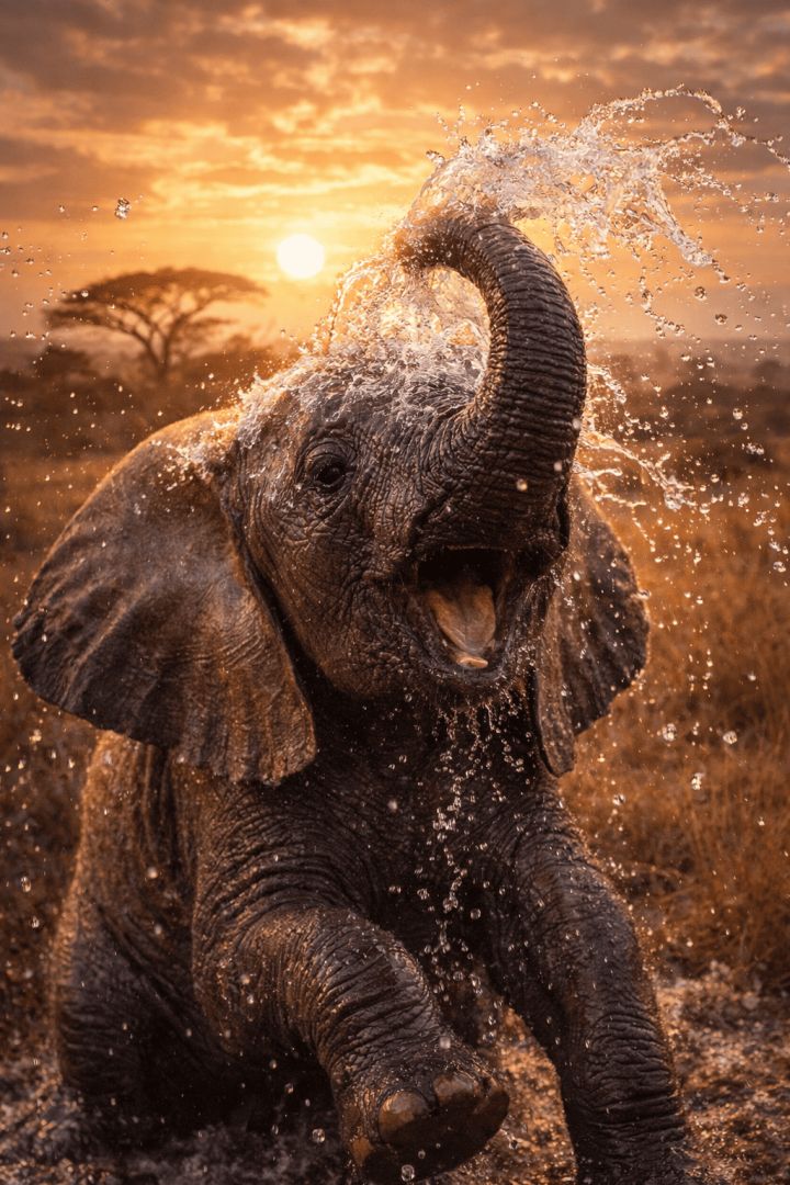 Baby elephant enjoying sunset splash wallpaper
