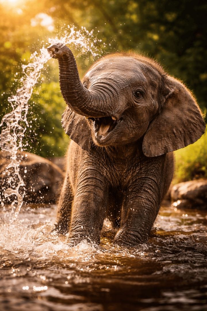 Baby elephant splashing in sunset light wallpaper