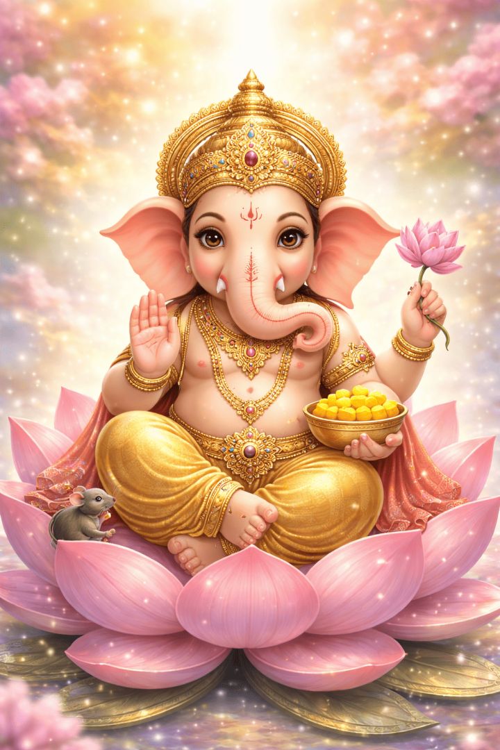 Baby Ganesha on a lotus flower god wallpaper
