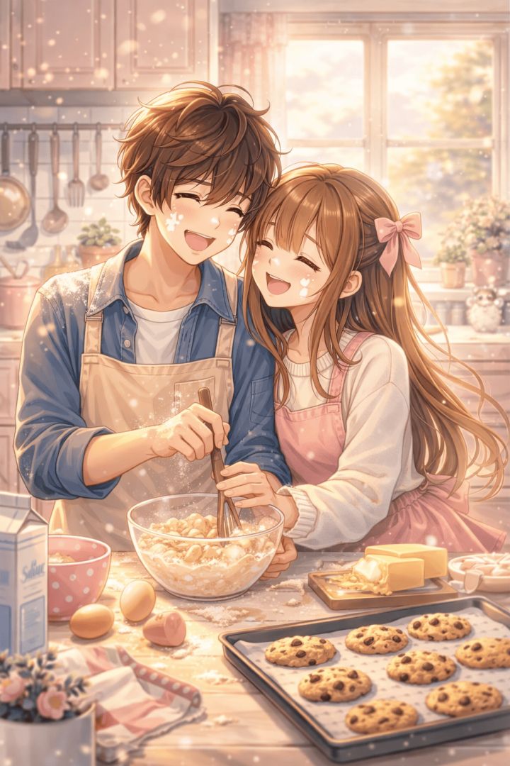 Baking together in a cozy kitchen wallpaper