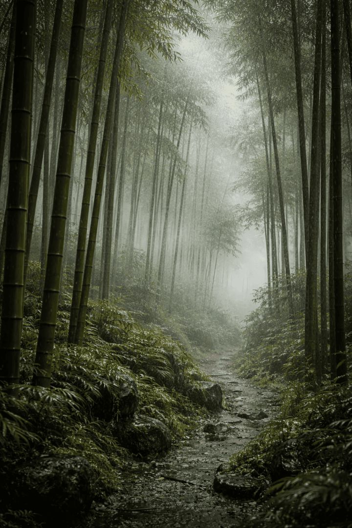 Bamboo forest in the misty rain wallpaper