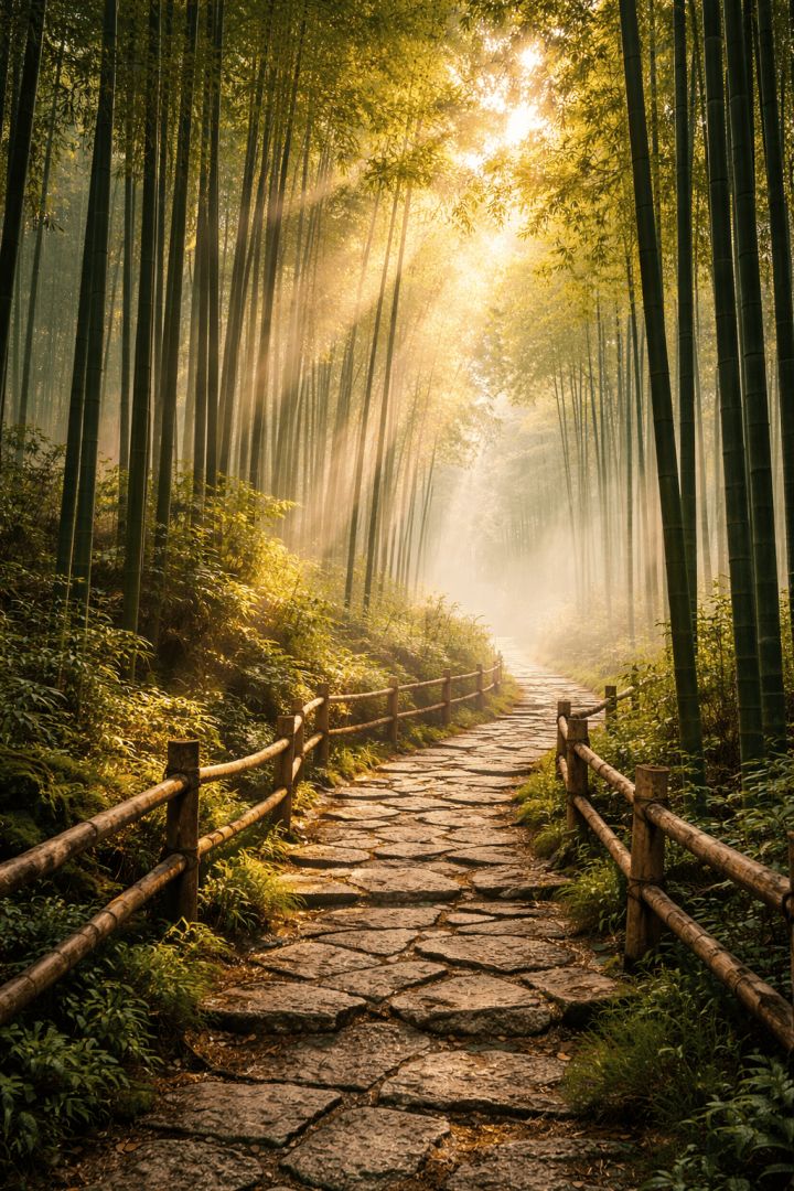 Bamboo path through misty forest wallpaper