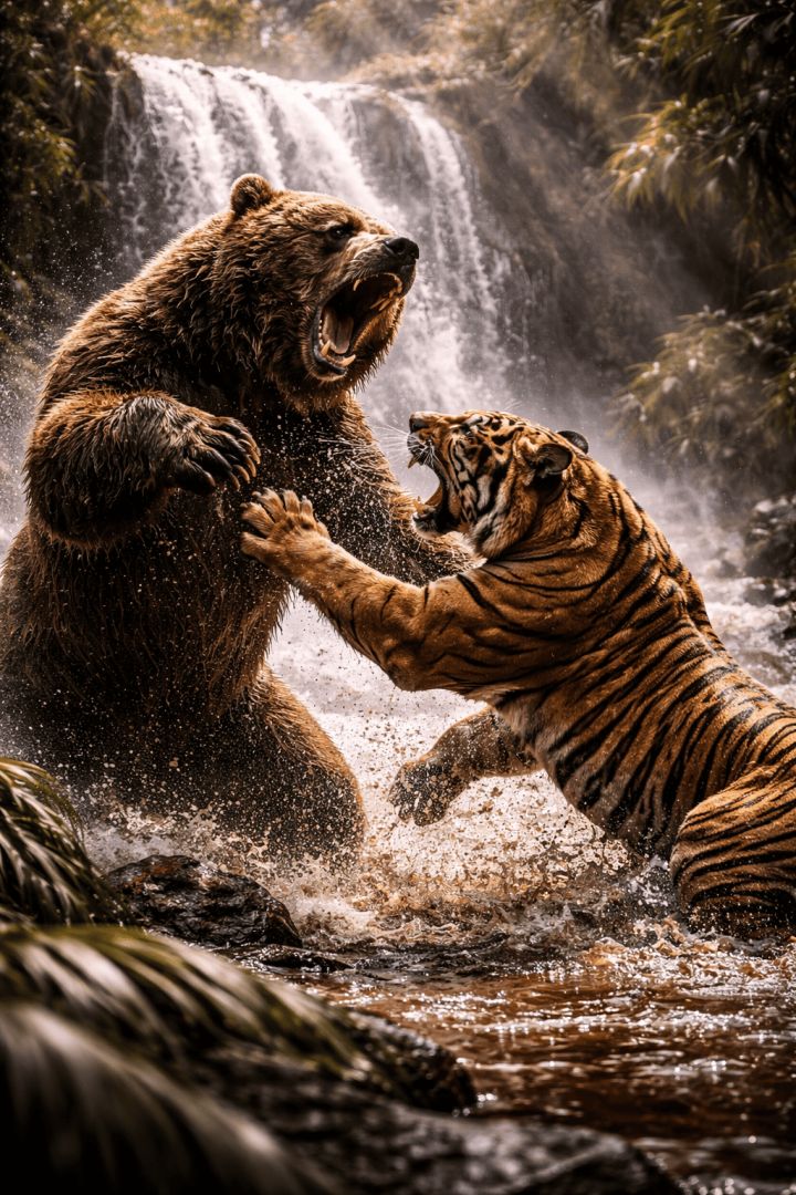 Battle at the jungle waterfall wallpaper
