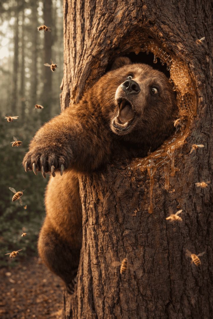 Bear hunting honey in the forest wallpaper