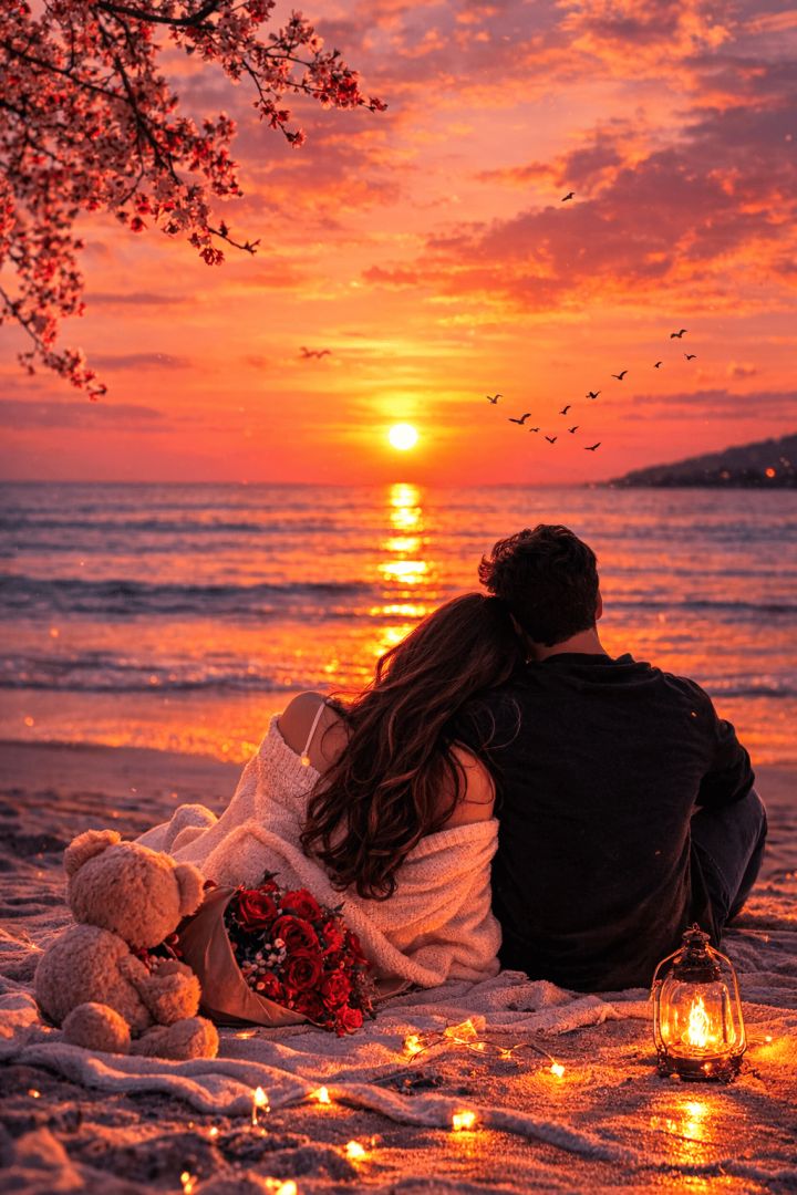 beautiful Romantic couples sunset by the ocean wallpaper