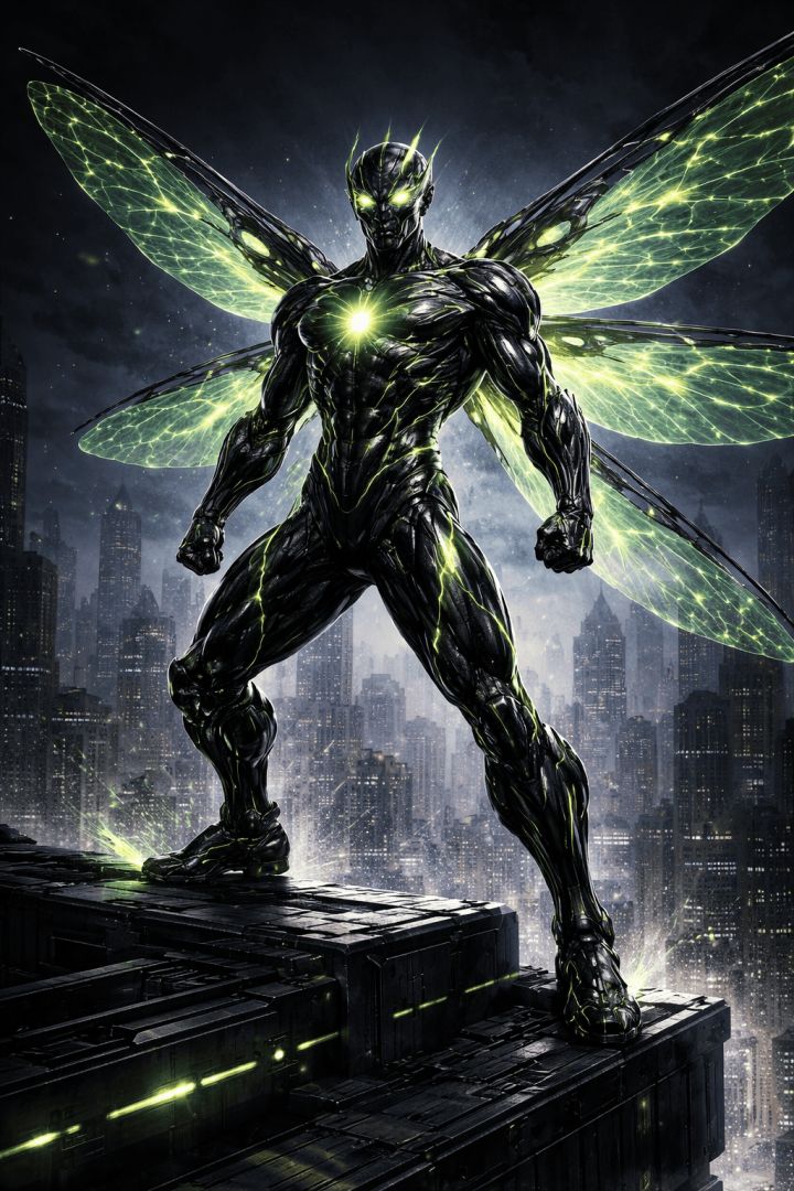 Biomechanical hero in glowing green cityscape wallpaper
