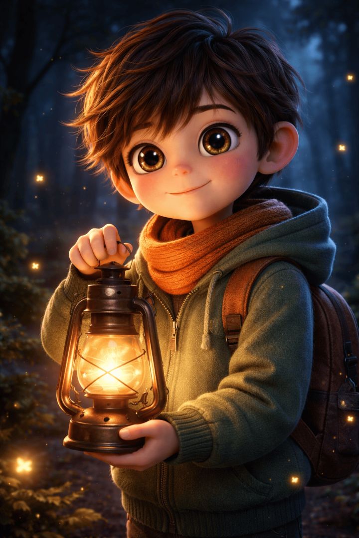 Boy with lantern in twilight forest wallpaper