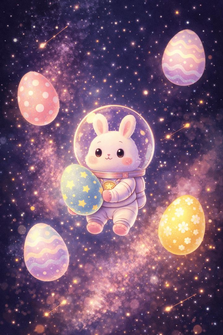 Bunny astronaut among pastel Easter eggs wallpaper