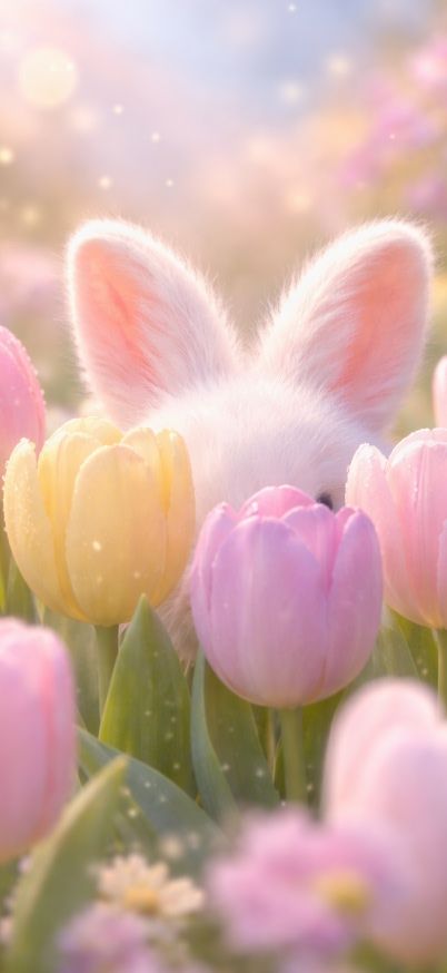 Bunny ears among pastel tulips wallpaper