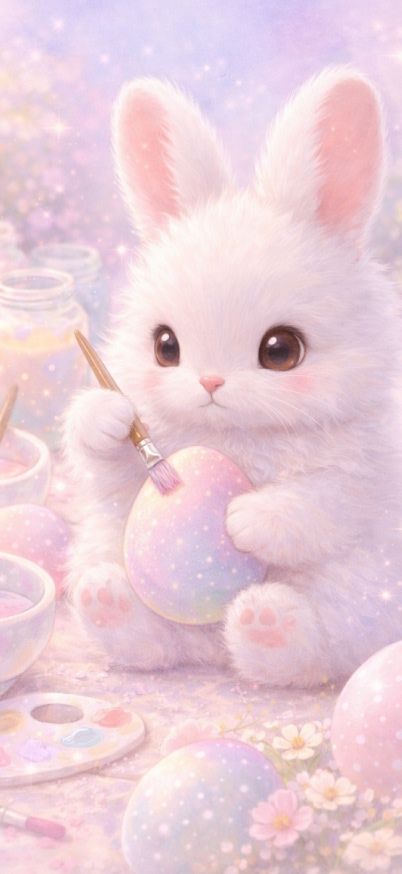 Bunny painting Easter eggs in pastels wallpaper
