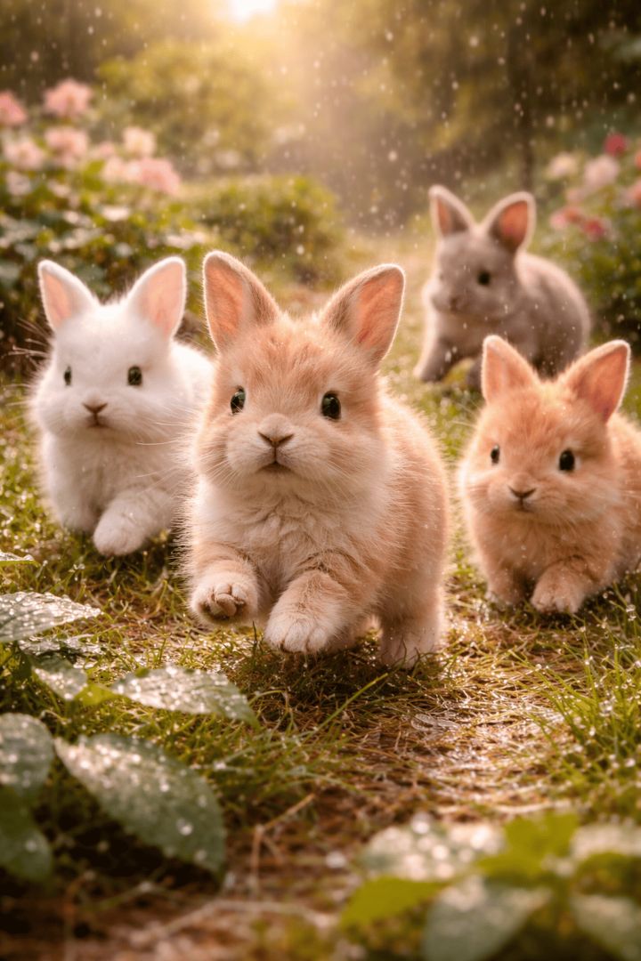 Bunny playtime in a garden shower wallpaper