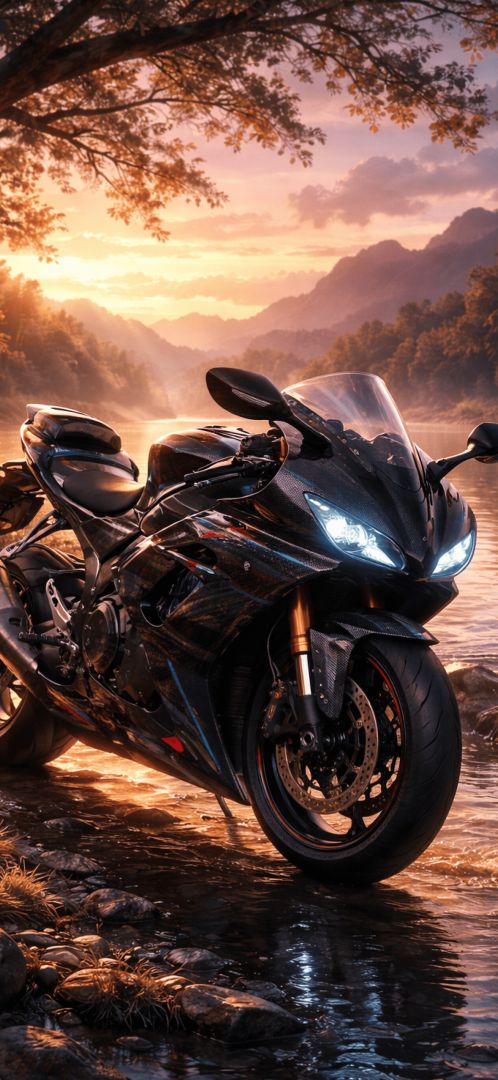 Sport-motorcycle-by-the-riverside-at-sunset-wallpaper-iphone-patakapix wallpaper