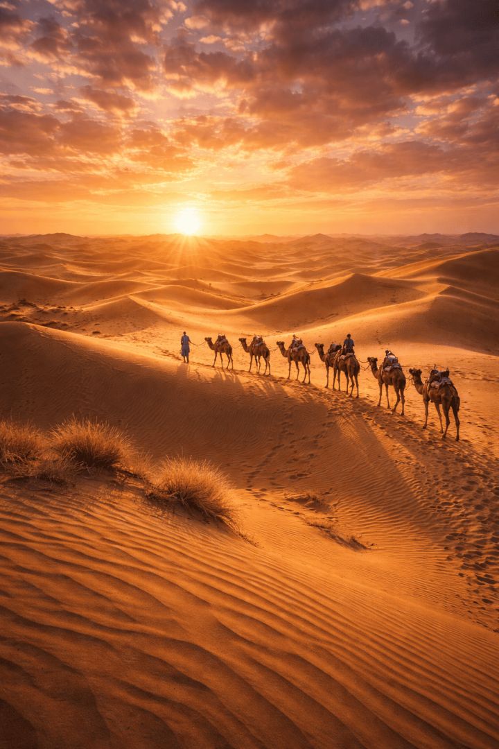 Camel caravan at sunset in Thar Desert wallpaper