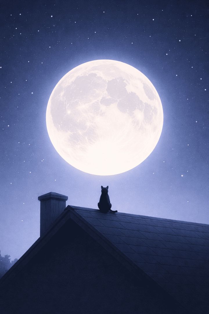 Cat on the rooftop under the moon wallpaper