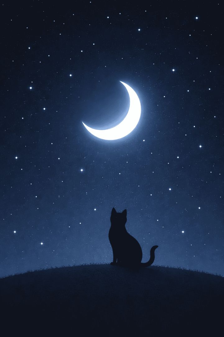Cat under a glowing crescent moon wallpaper