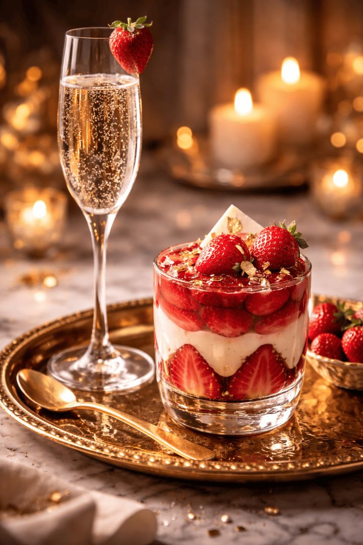 Champagne and strawberries on gold tray food wallpaper