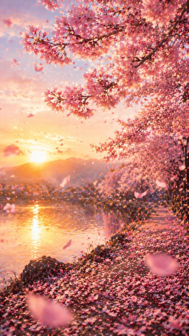Cherry blossoms at sunrise by the lake wallpaper
