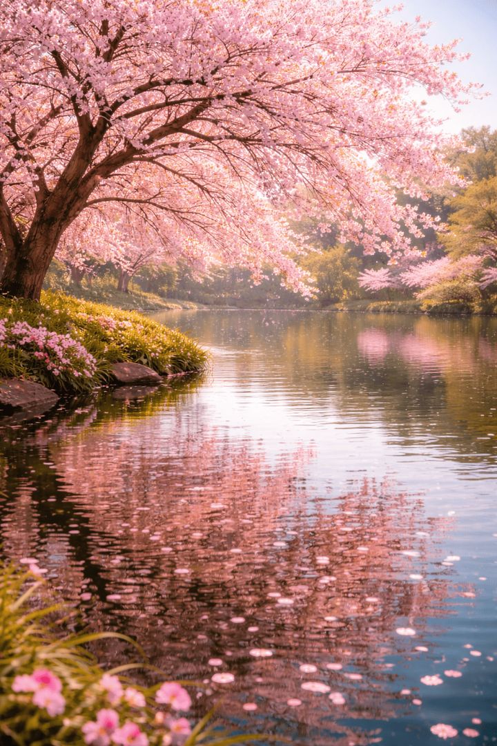 Cherry blossoms by the tranquil lake wallpaper