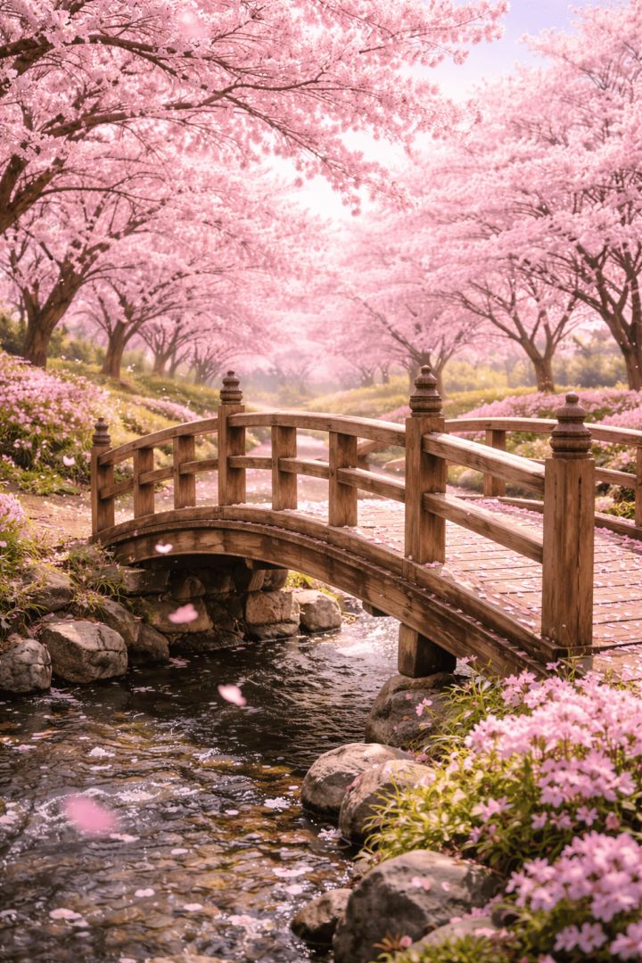 Cherry blossoms over wooden bridge wallpaper