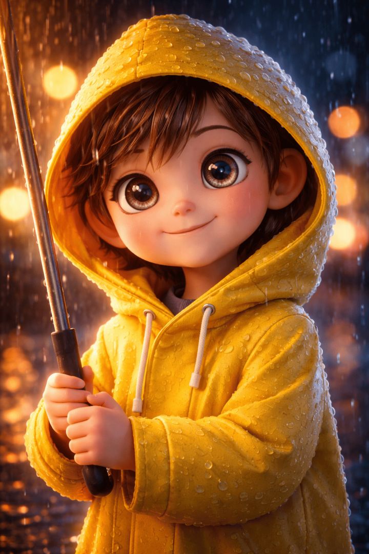 Child in rain with yellow umbrella wallpaper