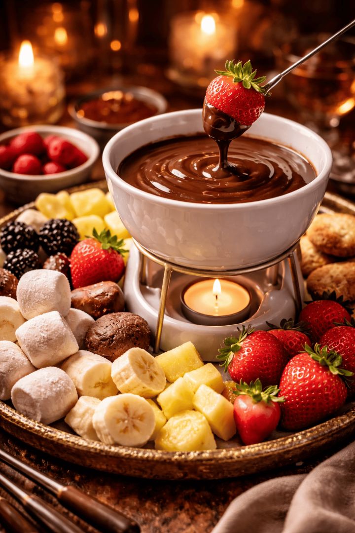 Chocolate fondue with fresh fruits food wallpaper