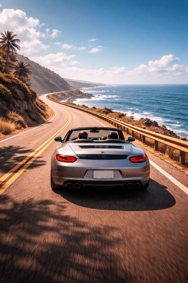 Coastal drive in a silver convertible wallpaper