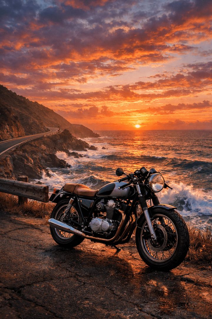 Coastal sunset with vintage cafe racer wallpaper