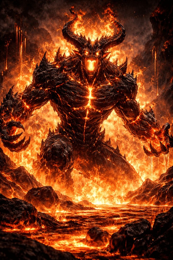 Colossal demon rising from lava game wallpaper