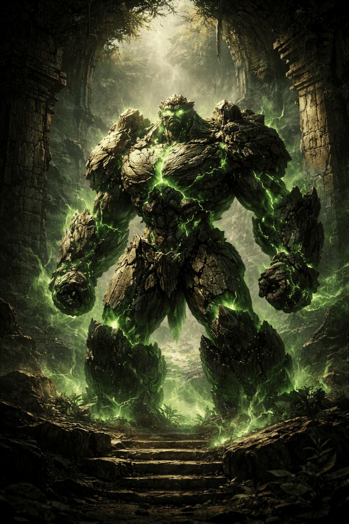 Colossal stone golem in ancient ruins mythic creature wallpaper