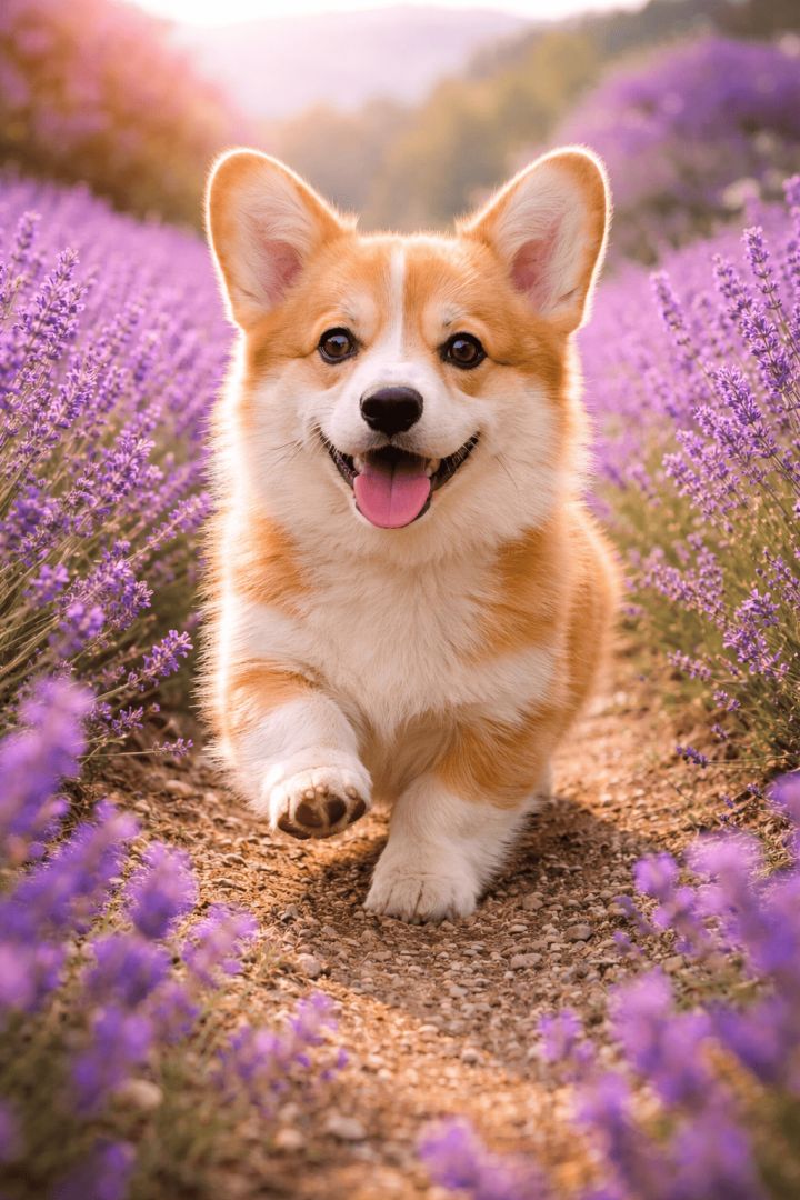 Corgi in lavender sunset joy dog wallpaper