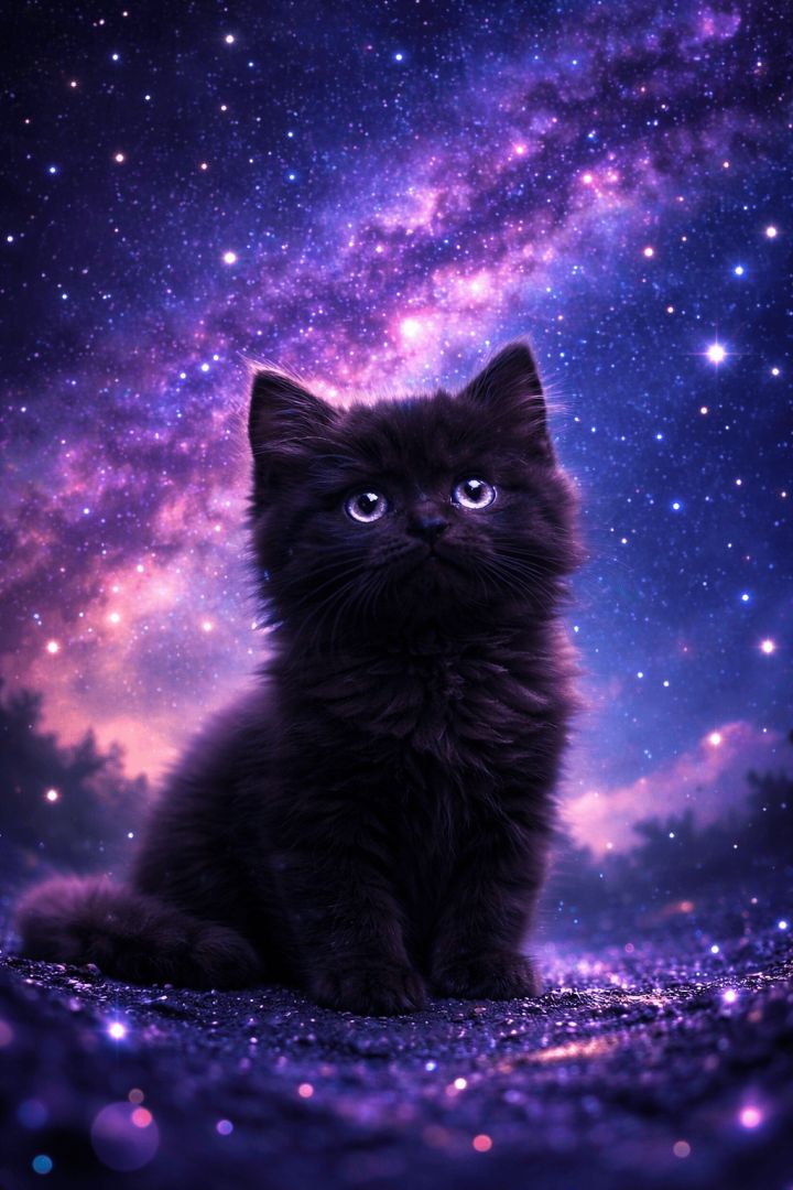 Cosmic kitten under starry skies wallpaper