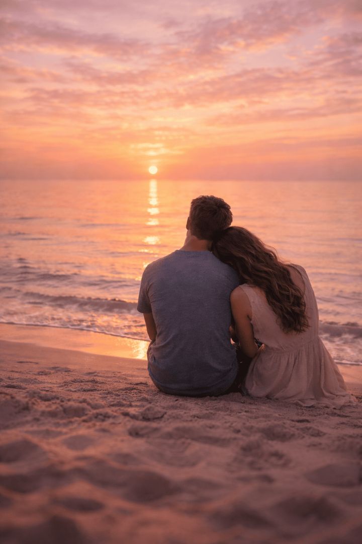 Couple enjoying a sunset on the beach wallpaper