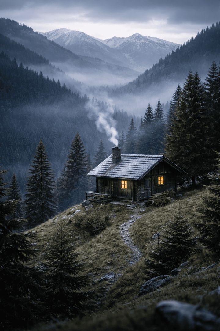 Cozy cabin in a frosty morning mist wallpaper