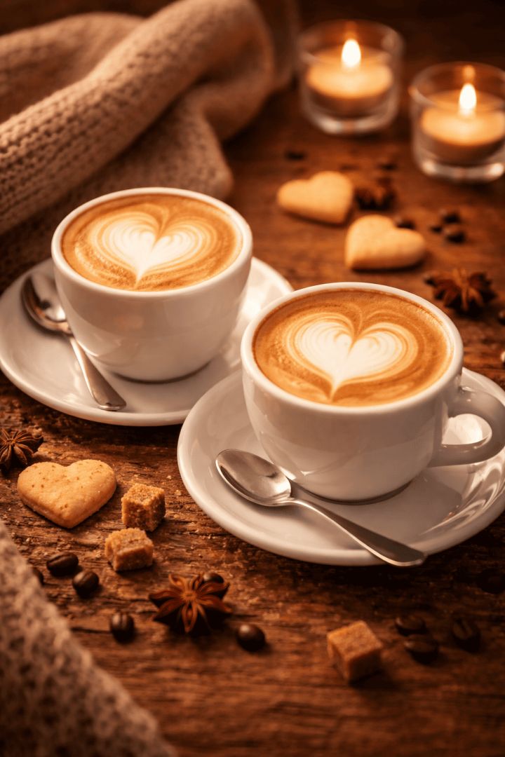 Cozy cappuccinos with heart-shaped art wallpaper