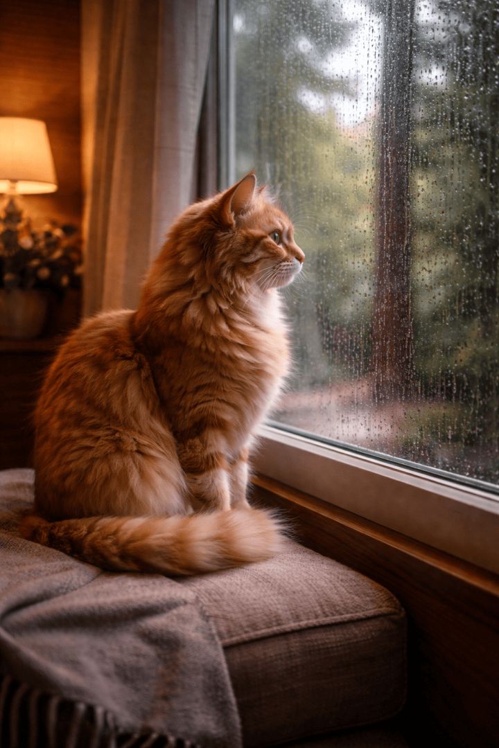 Cozy cat on a rainy day rain wallpaper