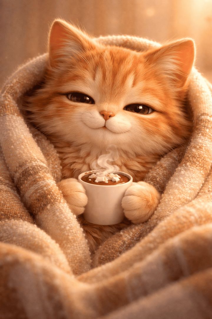 Cozy cat with hot chocolate wallpaper