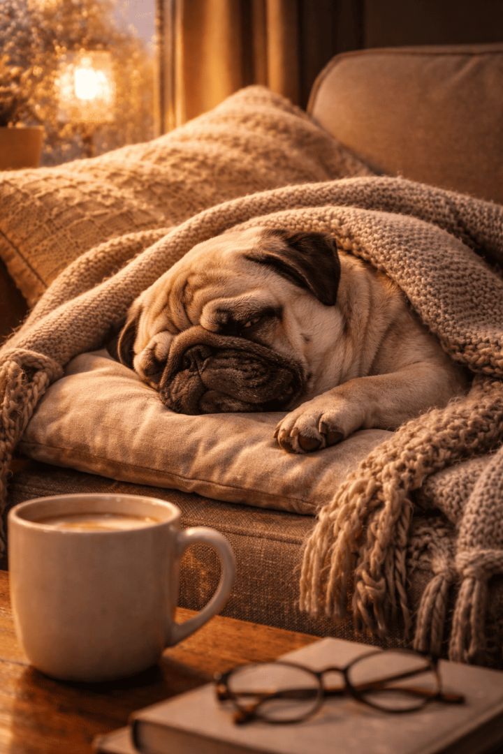 Cozy evening with a sleeping pug wallpaper
