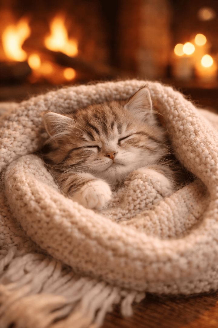 Cozy kitten by the fireplace wallpaper