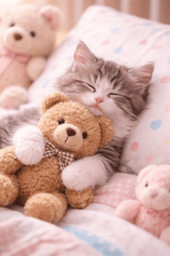 Cozy kitten cuddling teddy bear wallpaper