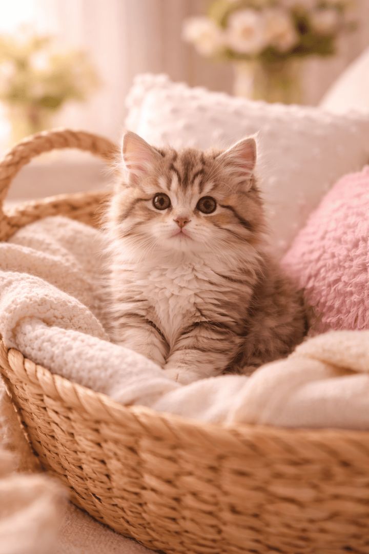 Cozy kitten in a woven basket cat wallpaper