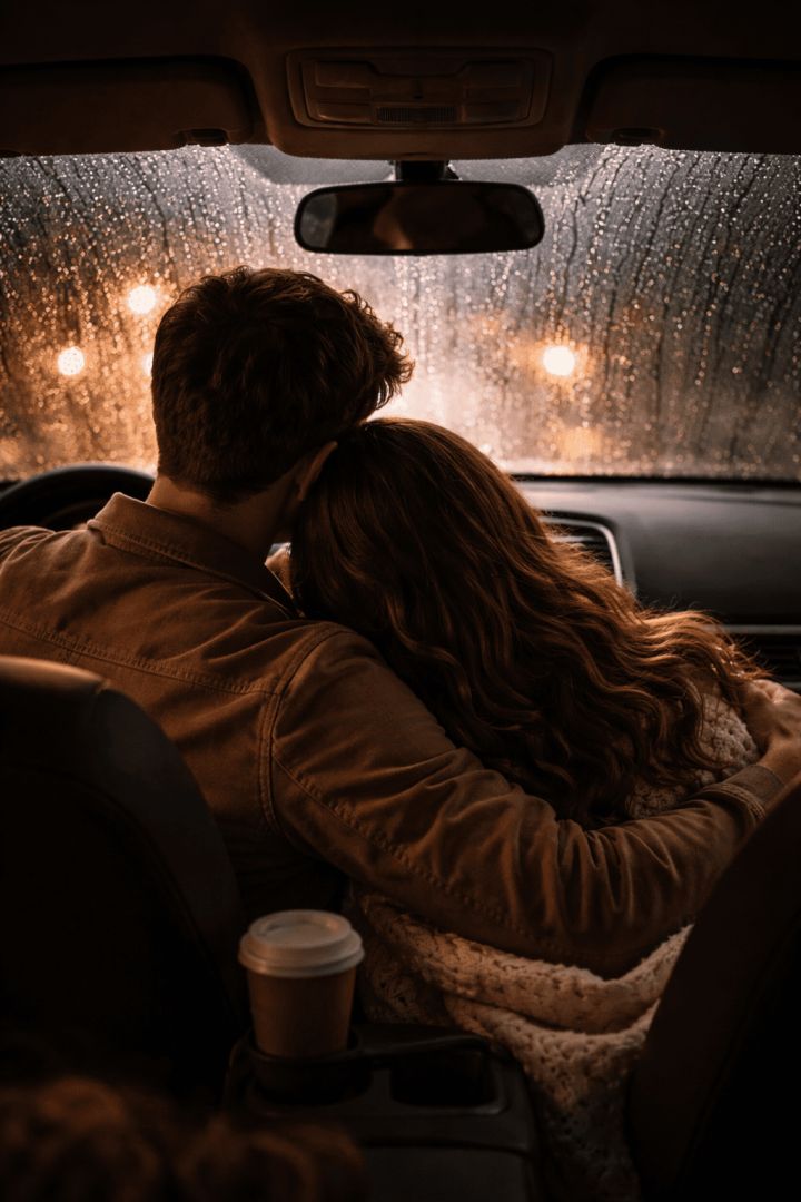 Cozy moment in a rainy car wallpaper