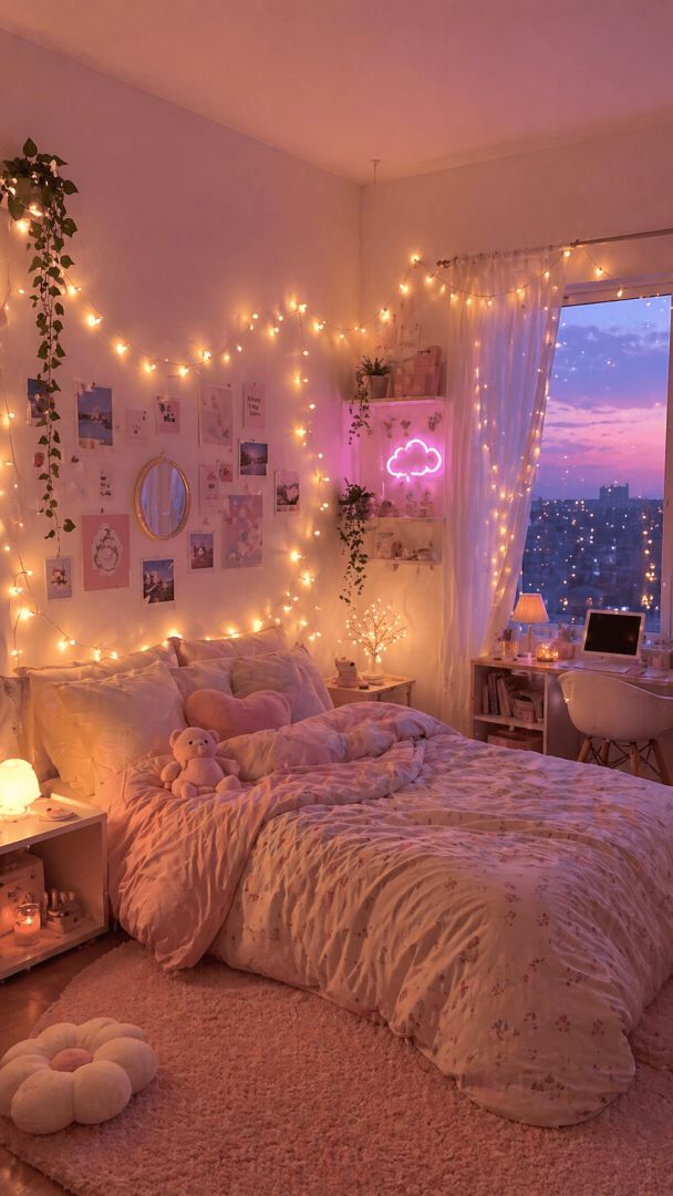 Cozy pastel bedroom with fairy lights cute wallpaper