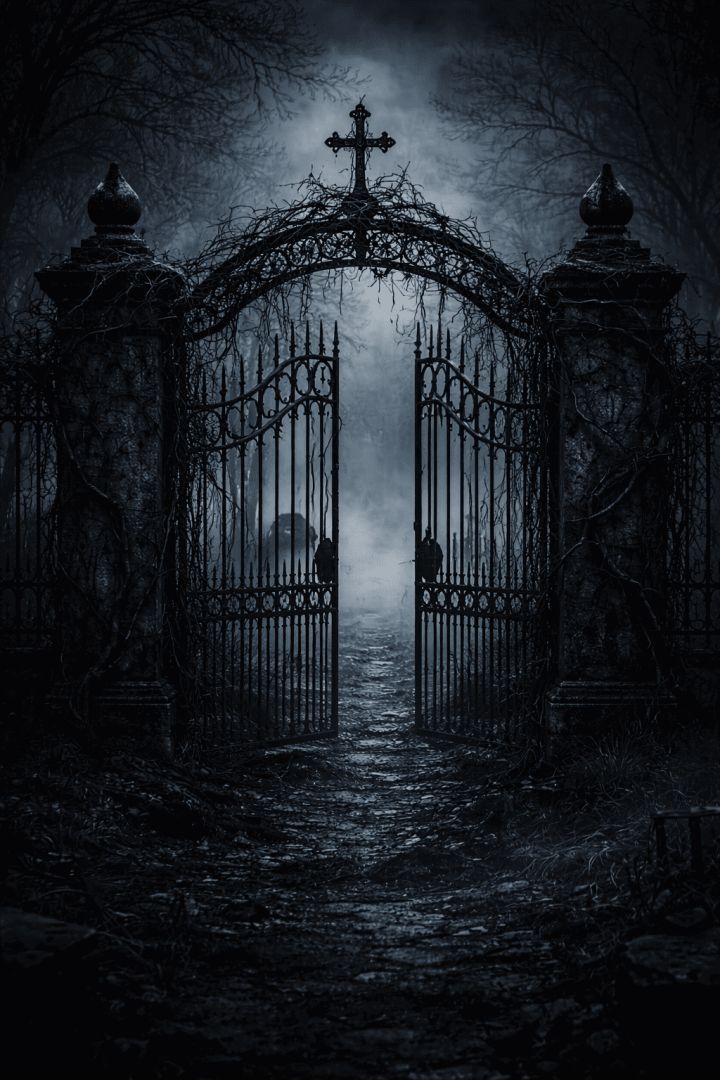Creepy cemetery gate in fog horror wallpaper