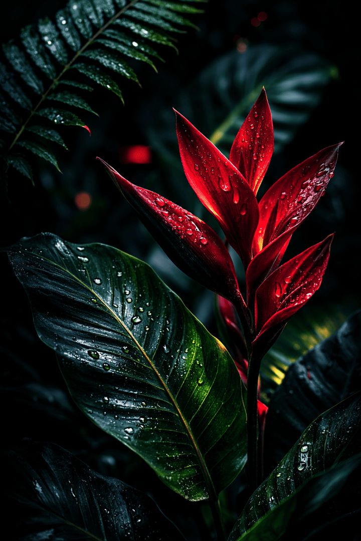 Crimson Tropical Flower with Dew – Dark Jungle Floral Wallpaper 4K AMOLED 🌺💧🌿 wallpaper