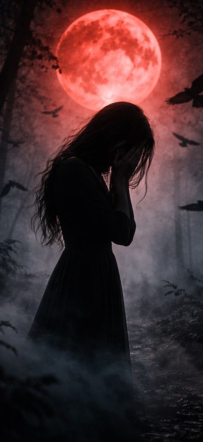 Crying woman beneath the blood-red moon Broken heart in the mist iphone 4k wallpaper wallpaper