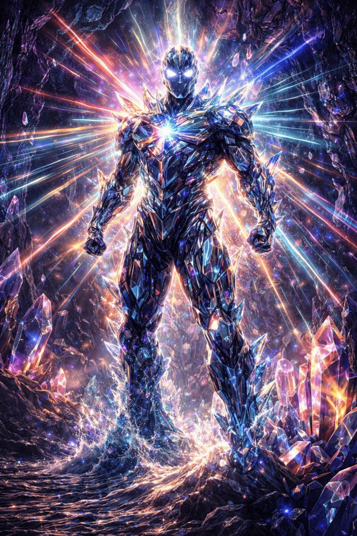 Crystal knight in a glowing cave wallpaper