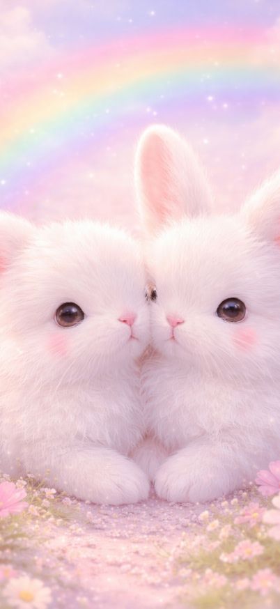 Cuddling bunnies under a rainbow wallpaper
